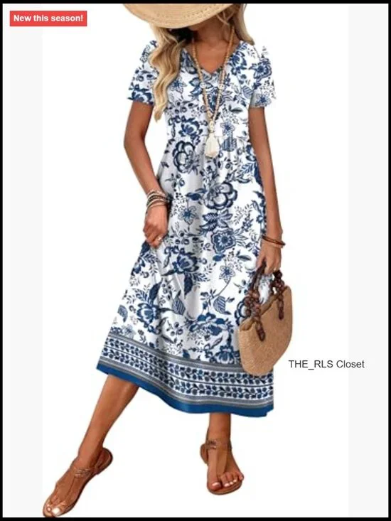 Flowy A-Line Midi Dress with Pockets, V-Neck, Short Sleeve - Picture 4 of 7